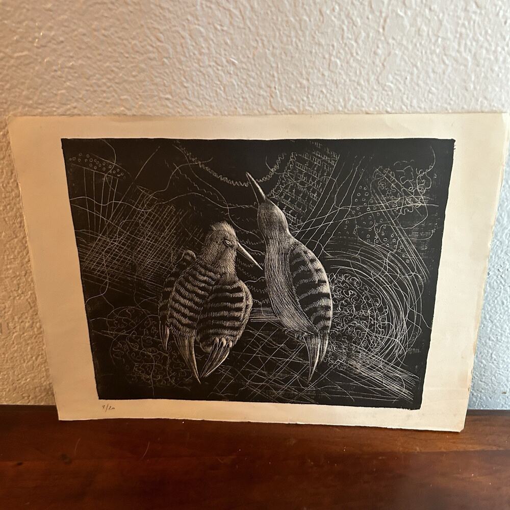 Vintage Linocut Bird Print Signed Numbered 8/20 Black White Modernist Art 12x16